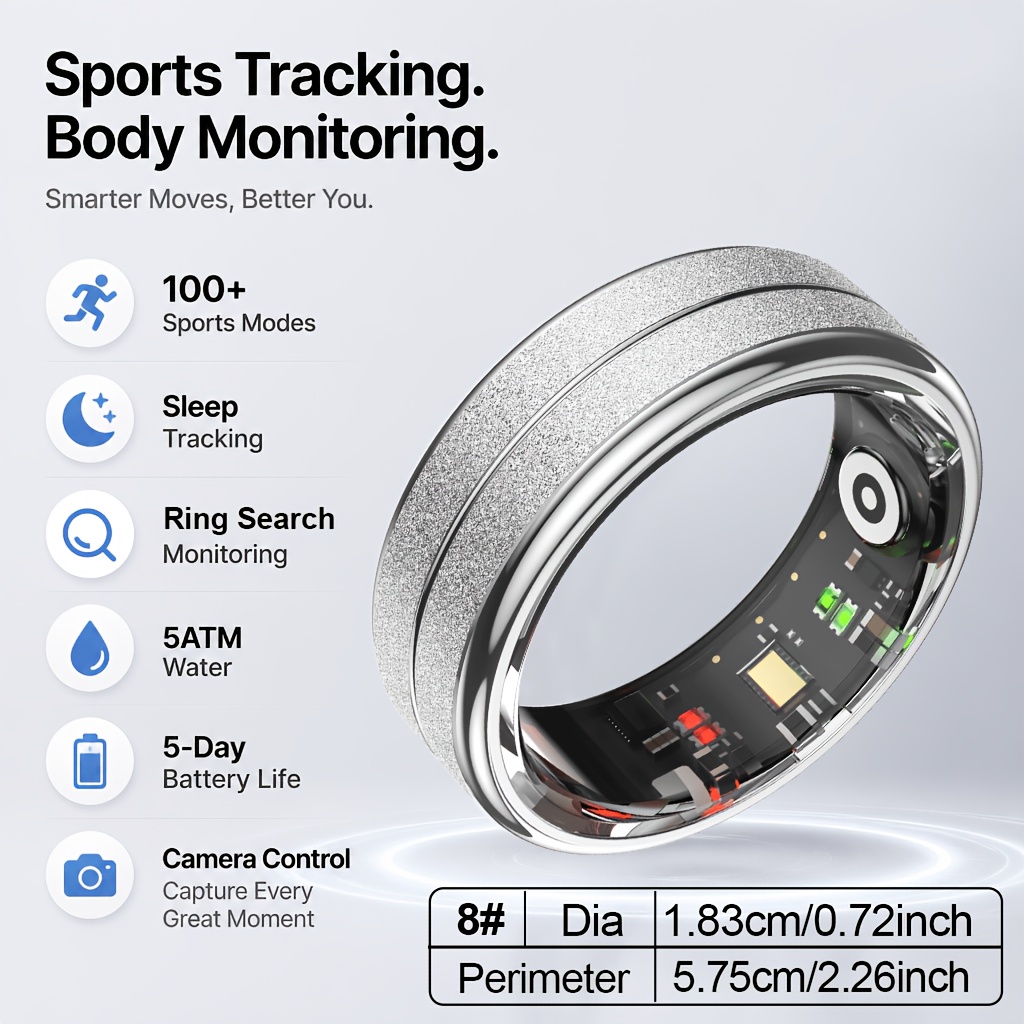 Gwenland Smart Ring - 5atm, Wireless , Fitness & Sleep Monitor, 15mah(size 8)/18mah(size 9, 10, 11, 12, 13) Battery Capacity, Wave Photo, Stainless Steel - Perfect Gift For Men And Women