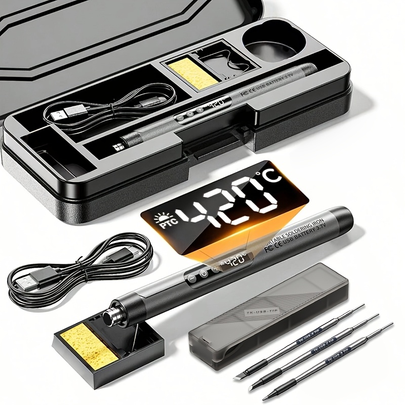   usb rechargeable soldering kit with 3 heating heads portable cordless soldering   temperature adjustment for home appliance industrial repair diy tool kit