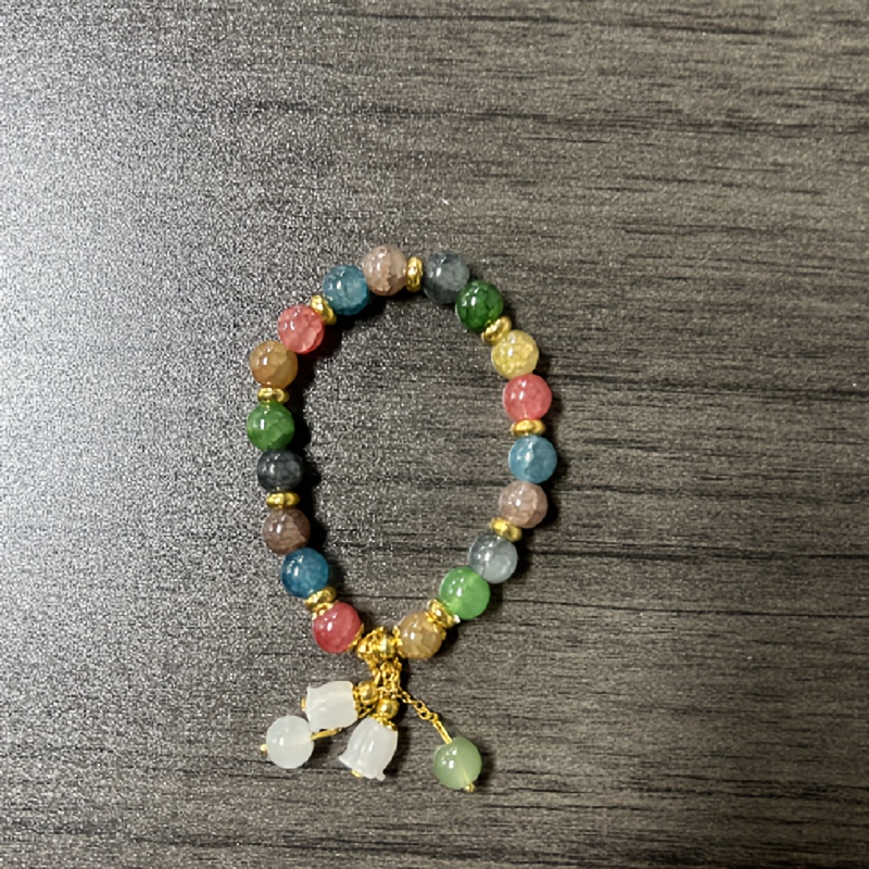 TEMU 1pc Colorful Natural Stone Beaded Bracelet With Floral Pendant – Bohemian Style, Polished Beads , Blue, Brown & Pink, Golden-tone Bell Charm, Perfect Gift For Her