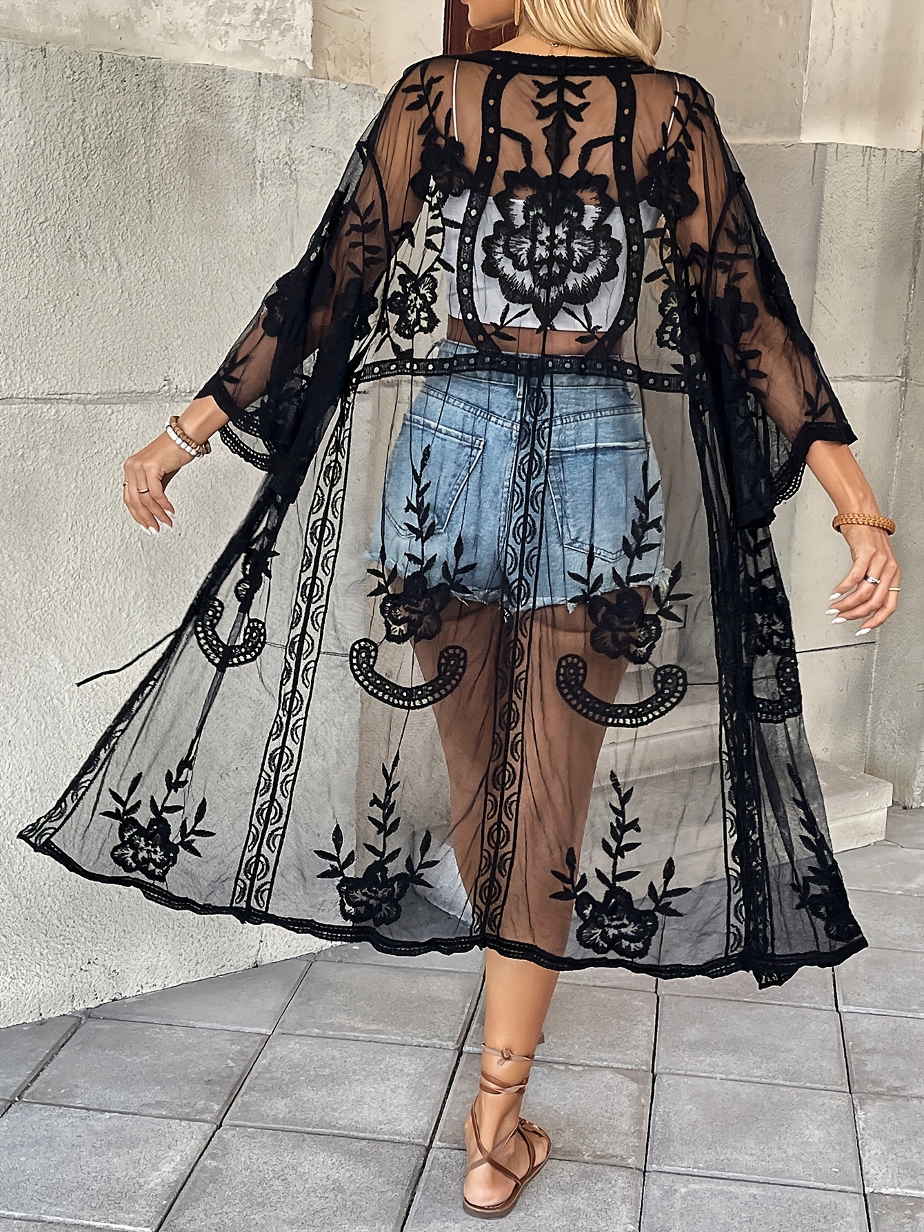 boho chic black mesh kimono cardigan elegant floral Temu Australia