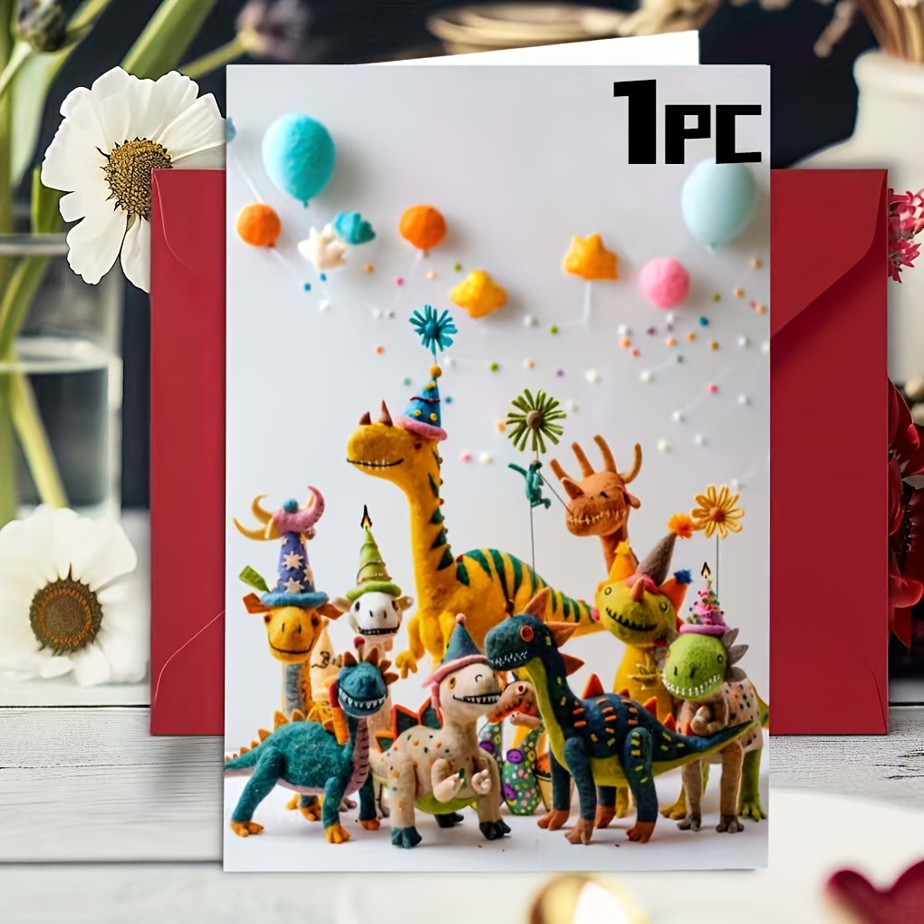 1pc/2pcs Cartoon Dinosaur Birthday Card, Perfect Gift For Dinosaur Lovers, Suitable For Anyone, High-quality Cardstock, Comfortable Touch