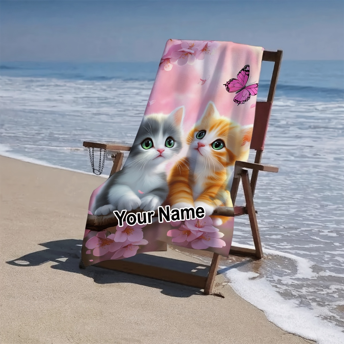 TEMU Telo Mare Personalizzato con Testo Personalizzato, con Due Gattini e un Albero di Ciliegie in Boccia. Realizzato in Poliestere ad Asciugatura