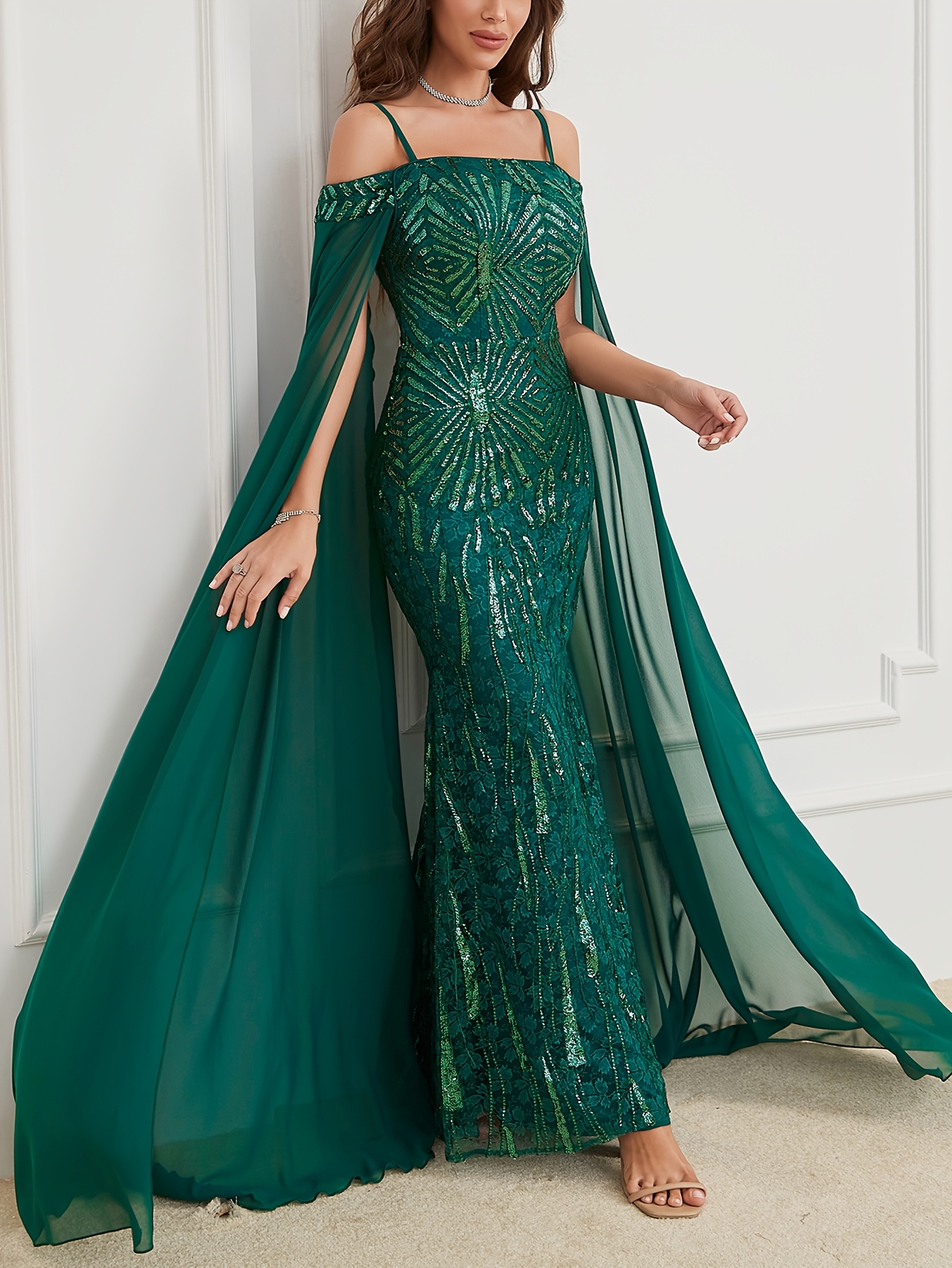 elegant shoulder sequin embroidered evening gown long sleeve - Temu Belgium