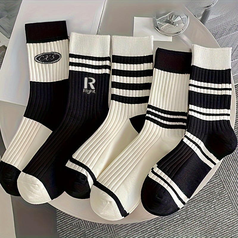 

5 Pairs Letter & Striped Socks, College Mid Tube Socks, Women's Stockings & Hosiery