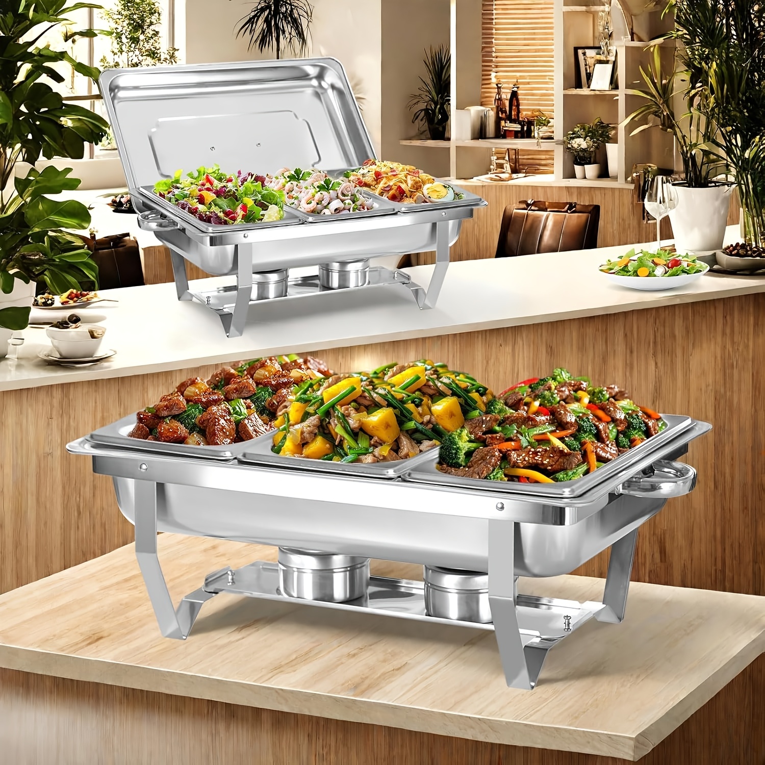 Image of Set Of 2 Buffet Chafing Dishes, Each 9 , Made Of Stainless Steel, Complete With A Folding Frame. Ideal For Keeping Food Warm At Parties, Catering Events, Banquets, And Weddings - Designed For Cooking