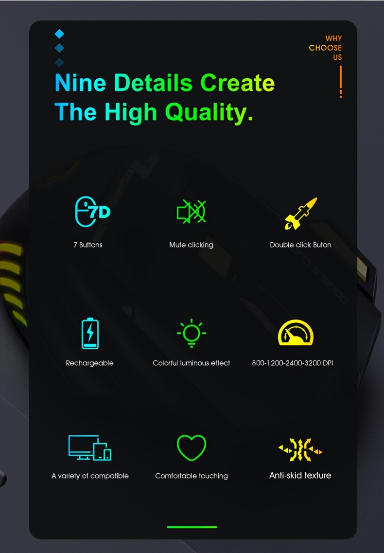 USB Wiederaufladbare Maus mit 7 Tasten, 2.4G Leiser Betrieb, 7-Farben Atmungsaktive LED, Kabellose Gaming Maus, Ergonomisches Design mit RGB Hintergrundbeleuchtung, Geeignet für Laptops