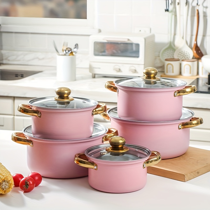 TEMU Cookware Set With Glass Pieces , Pink Pots Set Kitchen Cookware Sets Cookware Sets Pots Nonstick Kitchen Set Pans For Cooking