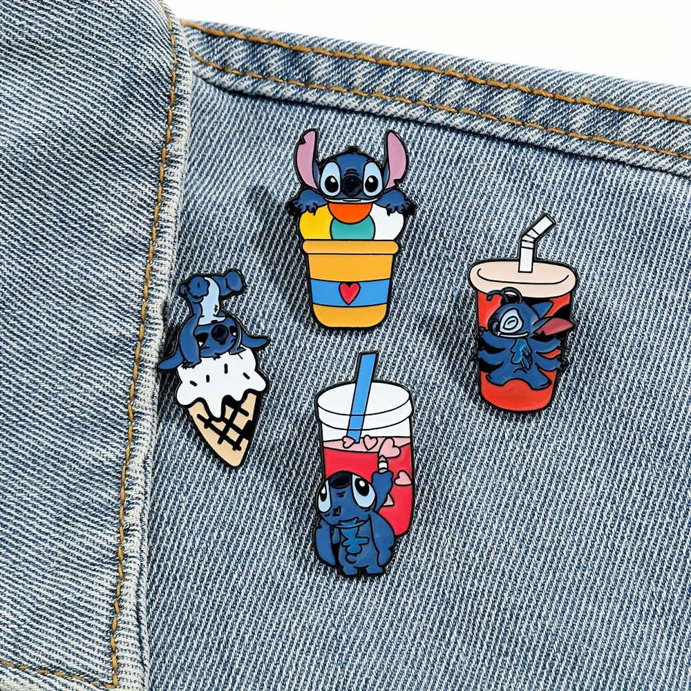 

Set Of 4 Cartoon Stitch Brooches Featuring A Creative Cream Enamel Pins, Perfect As Metal Badges For Jewelry, Clothing, Backpacks, And Gifts.