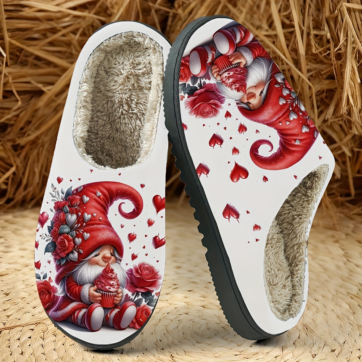Image of Love Heart Rose Gnome Slippers Unisex Exquisite Printing Technology Plush Lining Home Daily Cute Sweet And Comfortable Outfit, Women Shoes