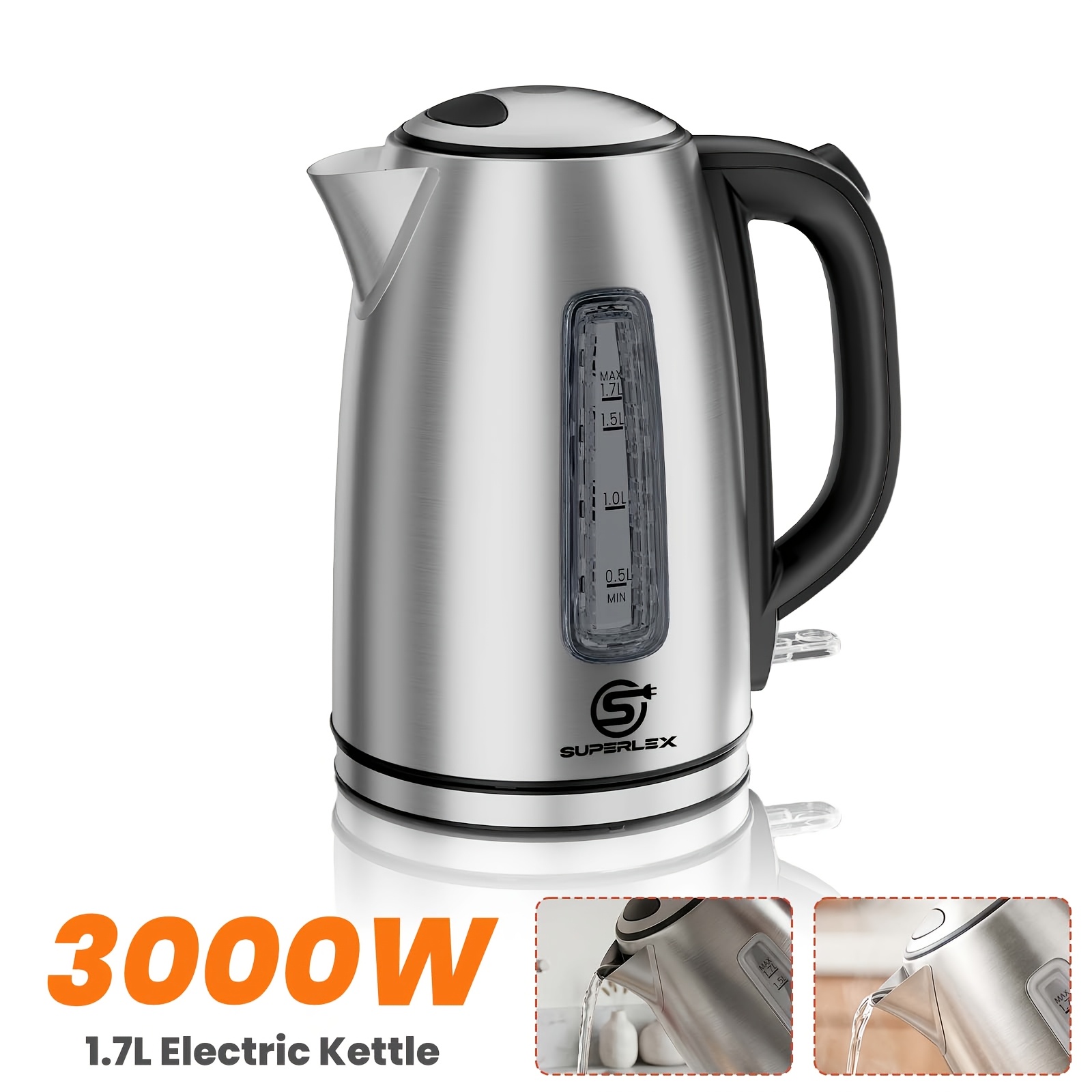 TEMU Superlex 1.7l Electric Kettle, 3000w Fast Boil Stainless Steel Hot Water Boiler/dispenser With Lid, Clear Water Gauge, & Auto Shut-off Tea