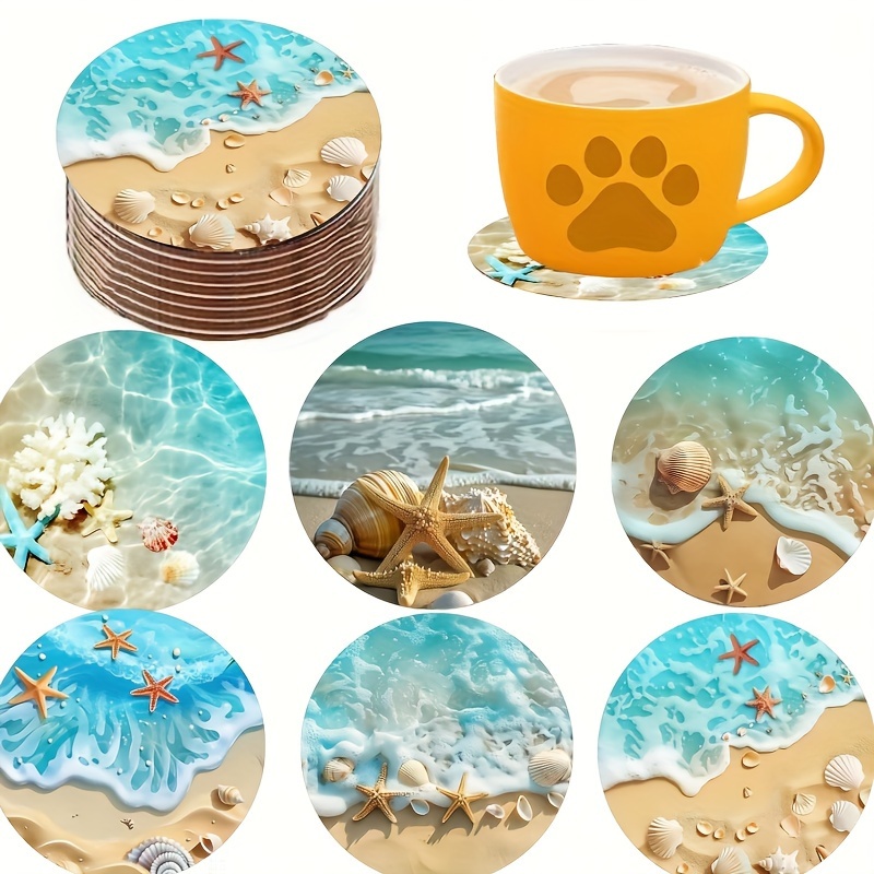 

6pcs Ocean-inspired Wooden Coasters - Heat-resistant Mats With Beach For Cups, Ideal For Home Or Café Use