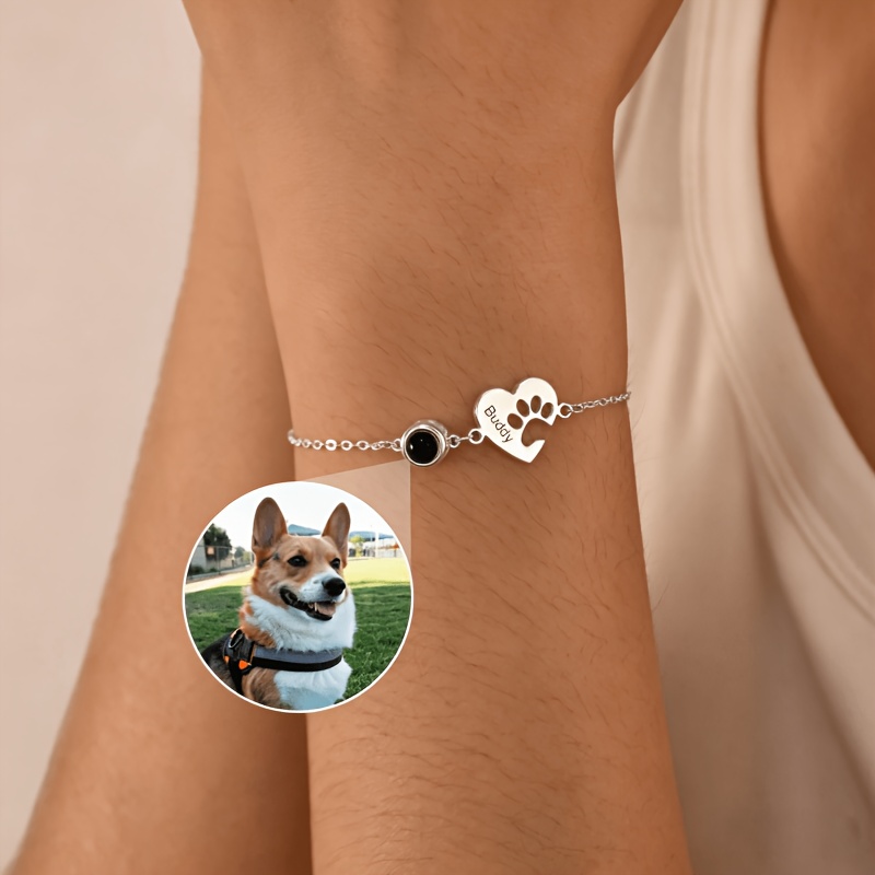 Minimalist Custom Paw Print Heart Photo Bracelet