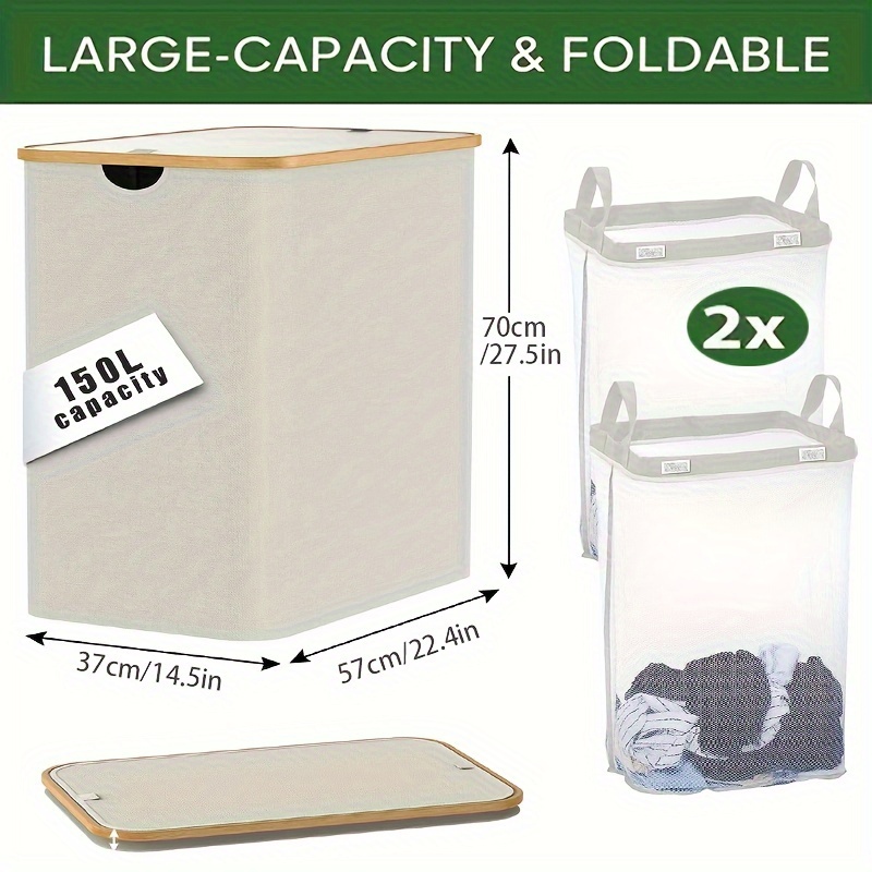 1pc double layered laundry basket with lid large capacity laundry hampers with lid dirty clothes hamper with 2 laundry bags inside removable and washable inner bag foldable space saving dirty clothes storage basket laundry baskets details 16