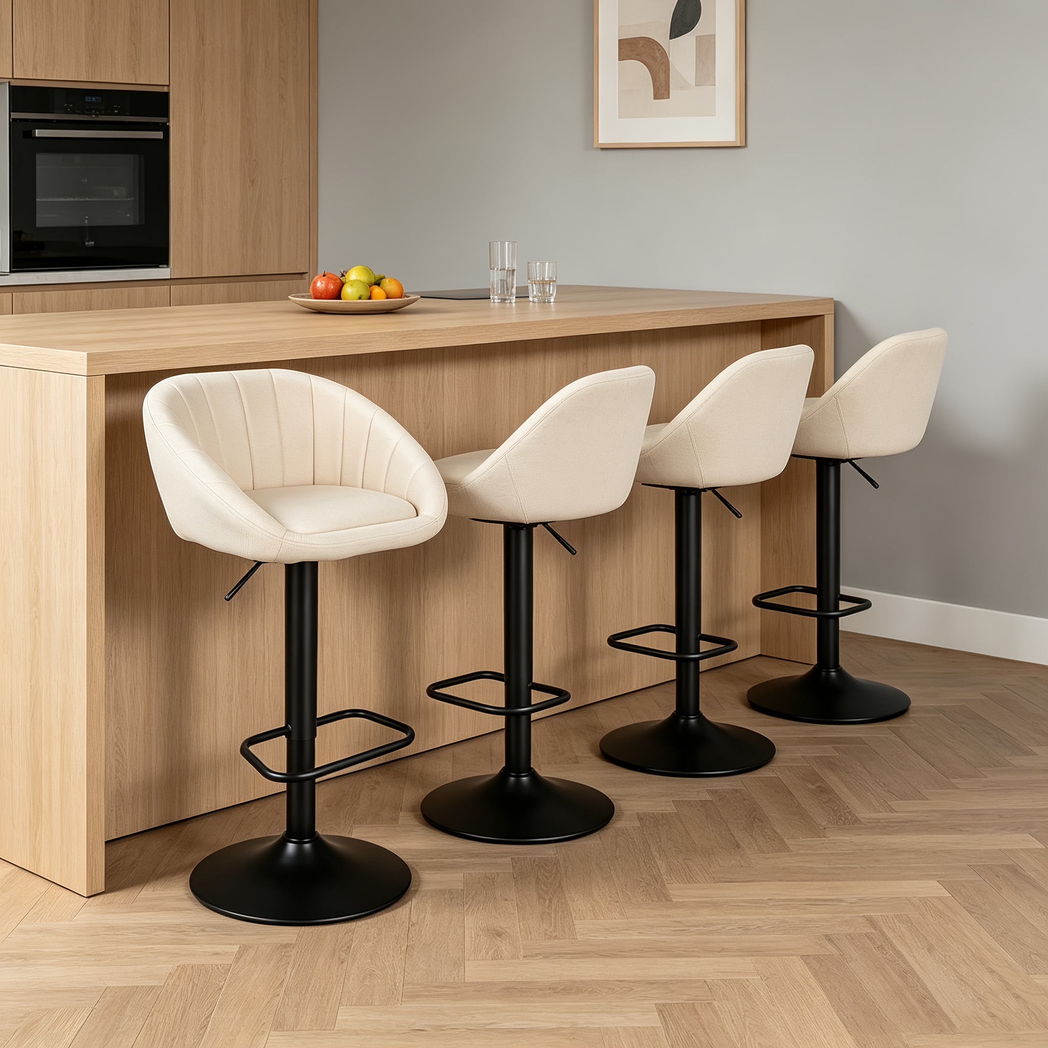 Linen Fabric Bar Stools Set Of 4, Modern Swivel Bar Chairs, Adjustable Barstools Counter Height With Soft Cushioned Seat & Stable Metal Base For Bar, Kitchen Island, Dining Room (4pcs, Beige)