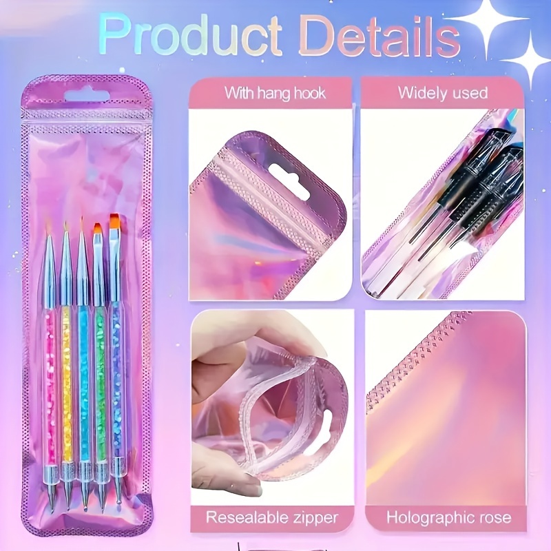 

50pcs/set Holographic Laser Silvery/rose Zipper Gift Bags, Resealable Packaging Bags, Ideal For Makeup Brushes, Acne Needle, Pens, Candy Snacks, And Jewelry, Small Strip Self Sealing Bags