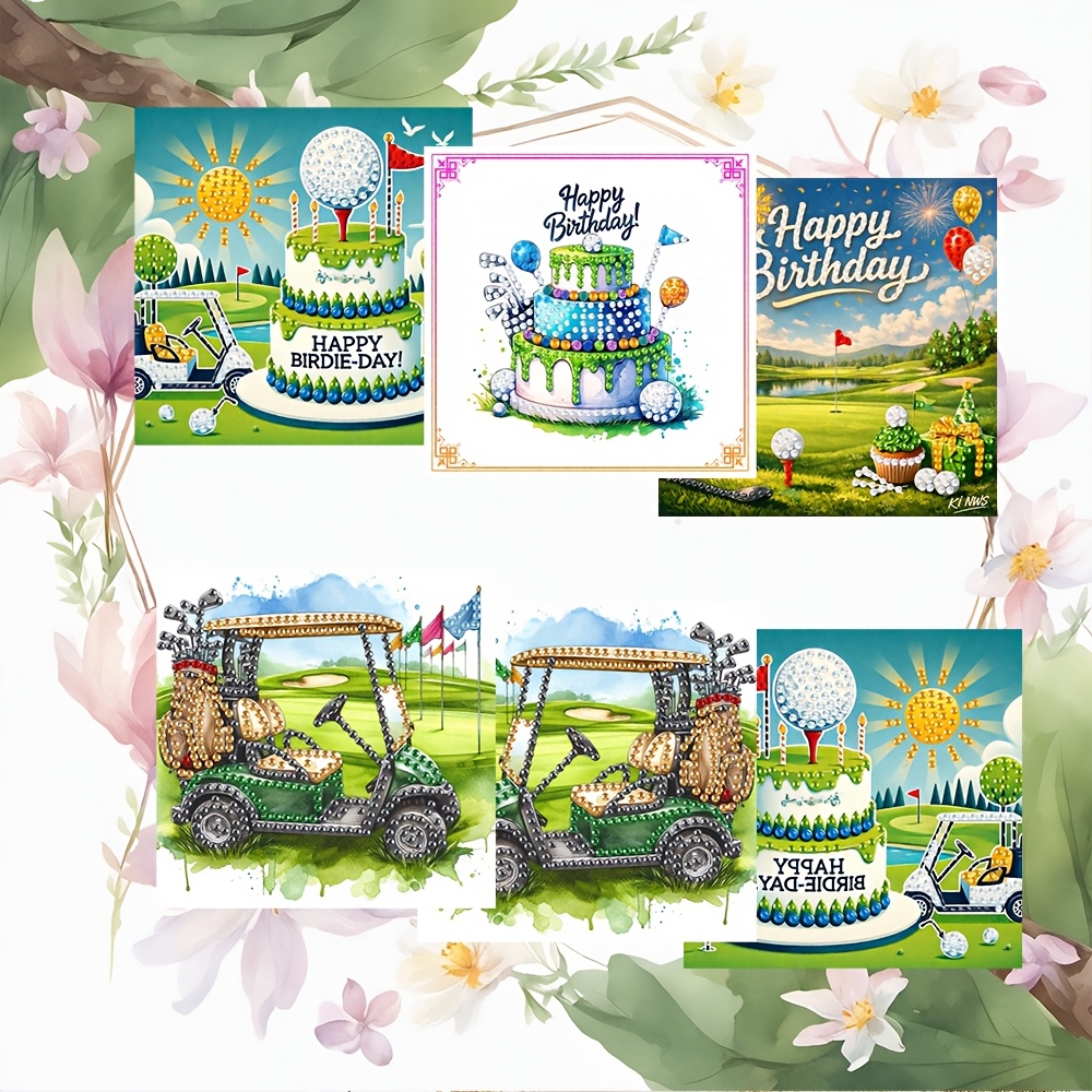 TEMU 2d 6pcs Unique And Creative Golf-themed Birthday Diamond Greeting Cards, Design. Round Rhinestone Painting Card Handmade Craft Kit Includes 6pcs