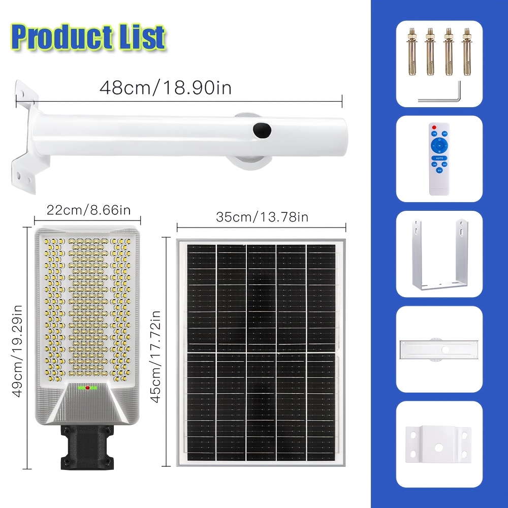 TEMU 1pc Solar Outdoor Wide-angle Lighting Lamp, 232pcs Led Convex Lens Beads, Large Street Light, 6500k White Light, Detachable Wall-mounted
