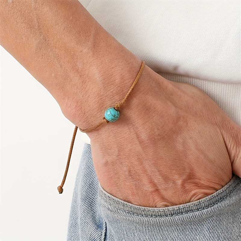 Men's Turquoise Beaded Bracelet Rustic Brown Cord Stone Adjustable Knot