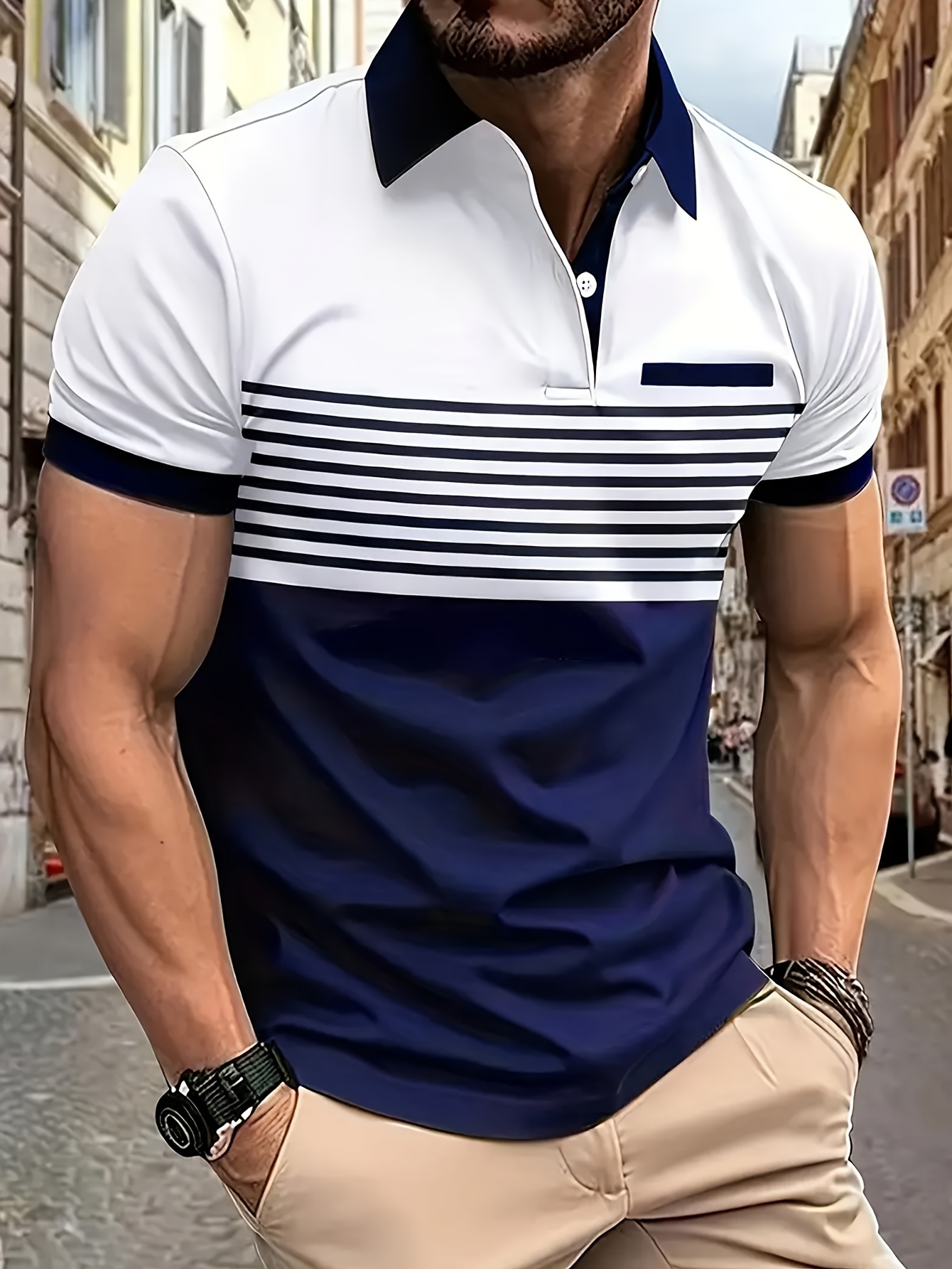 Chemise de golf à rayures assorties pour hommes, chemise décontractée à manches courtes et revers pour le printemps et lété