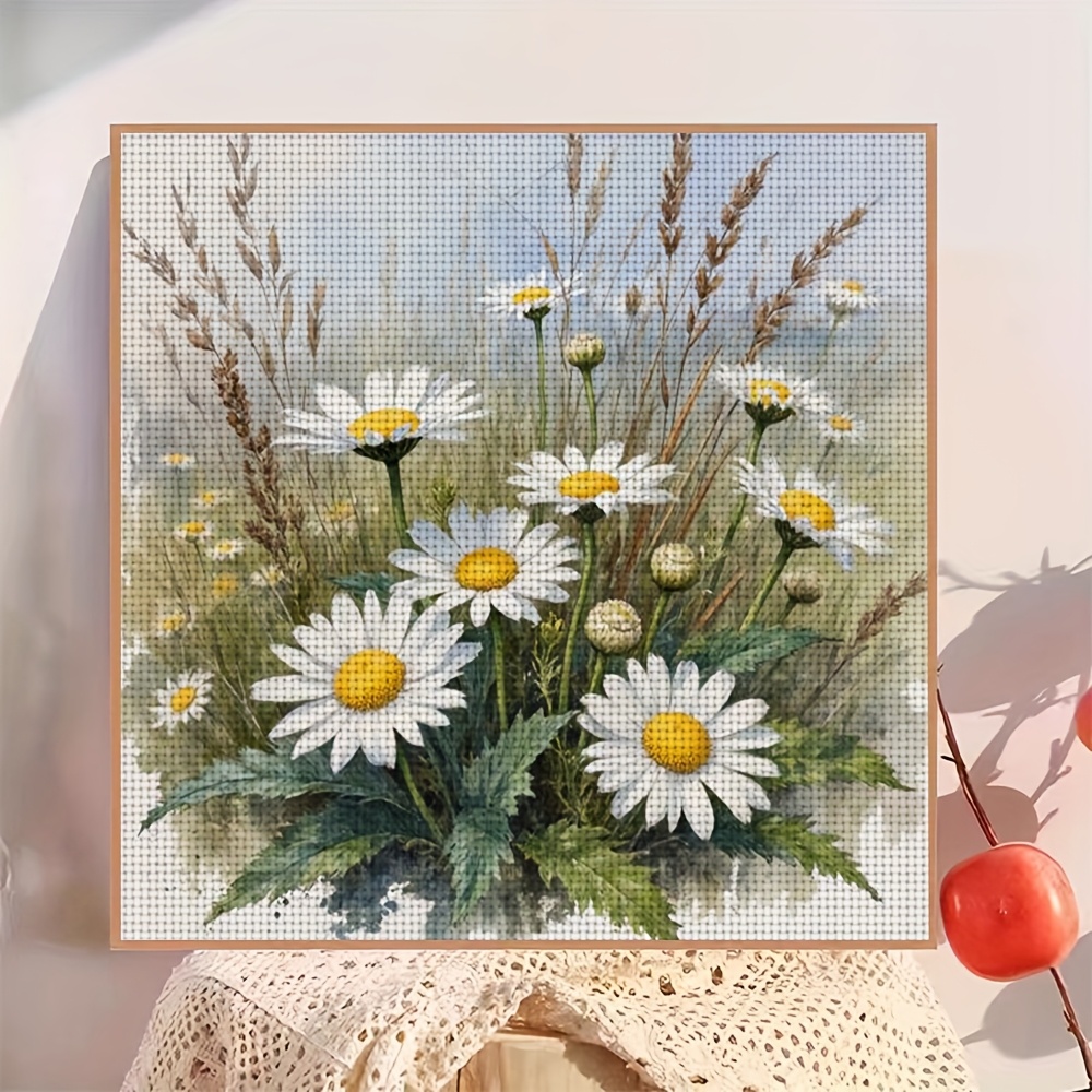 11CT Frameless Cross Stitch Kit, Watercolor Daisies & Grasses