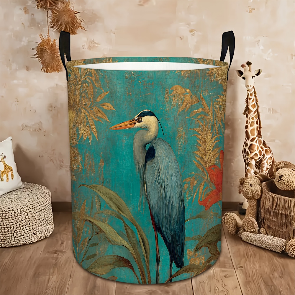 TEMU 1pc Vintage Round Laundry Basket & Storage Bucket - Elegant Heron Bird Hamper, 2d Print For, Bathroom, Bedroom - Multi- Dirty Clothes Basket & Doll Storage, Decorative, 2d Flat