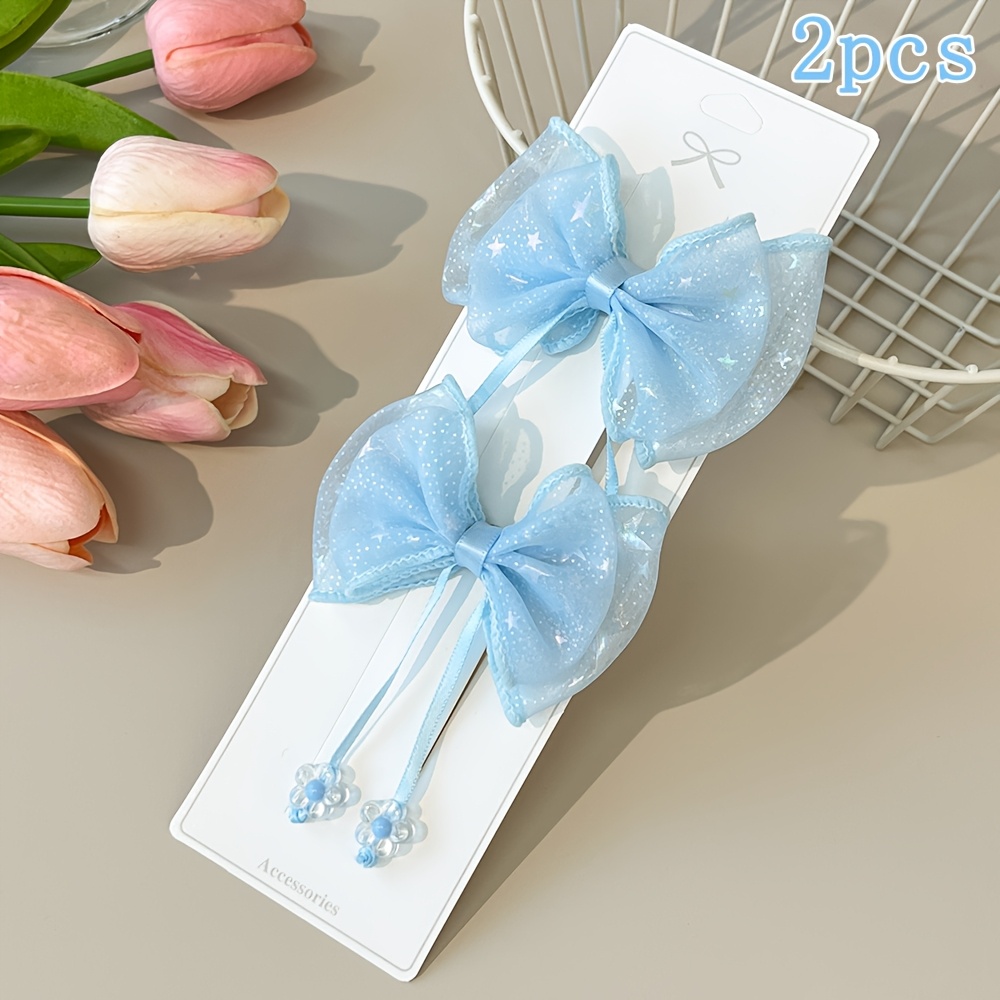 Set Of 2 Stylish Glitter Tulle Bow Hair Clips In Solid Colors, Featuring Flower Tassels. Decorative Hair Additions Are Use, School, Birthday Parties, And Make An Ideal Gift Option