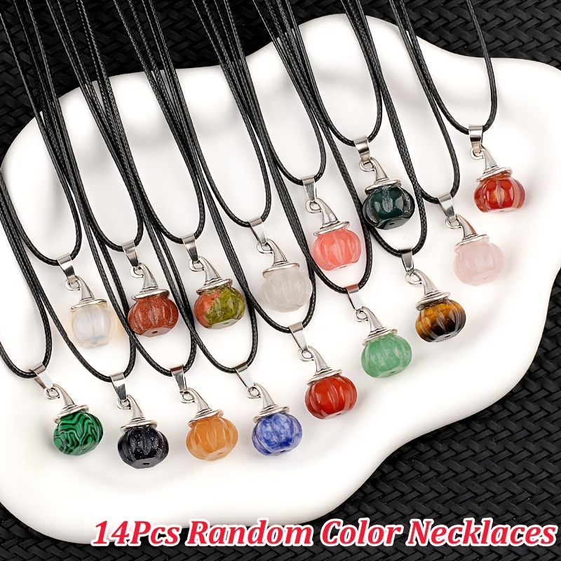 TEMU 14pcs Mini Pumpkin Witch Hat Shaped Stone Pendants Necklace Set - For Halloween Themed Necklaces For Family, Great Gift For Halloween Party,