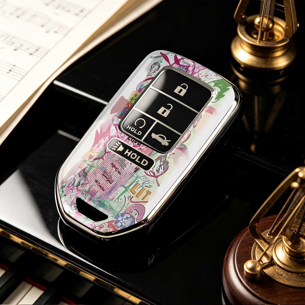 TEMU Car Key Fob Cover - Color Comic Graffiti Sticker - 5 Button For , Electroplated Chrome Trim Tpu Key Case, Shockproof Anti-drop Keyless Remote