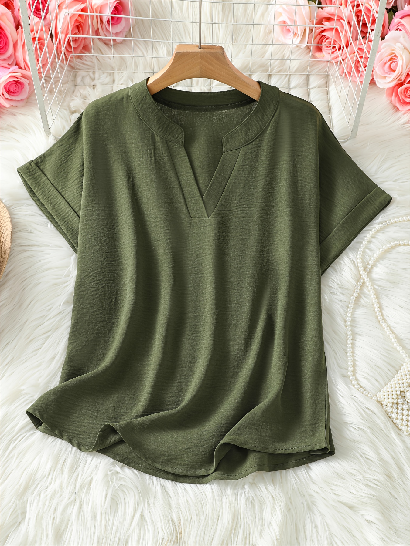 womens v neck drop shoulder sleeve solid color loose short sleeve shirt details 17