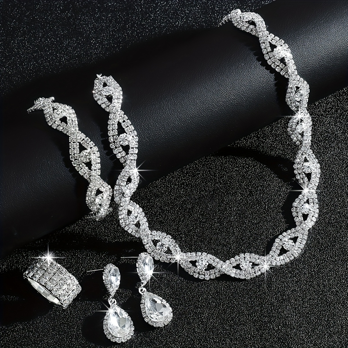 Bride's Luxurious Rhinestone Evil Eye Necklace Bracelet Earrings Ring Set
