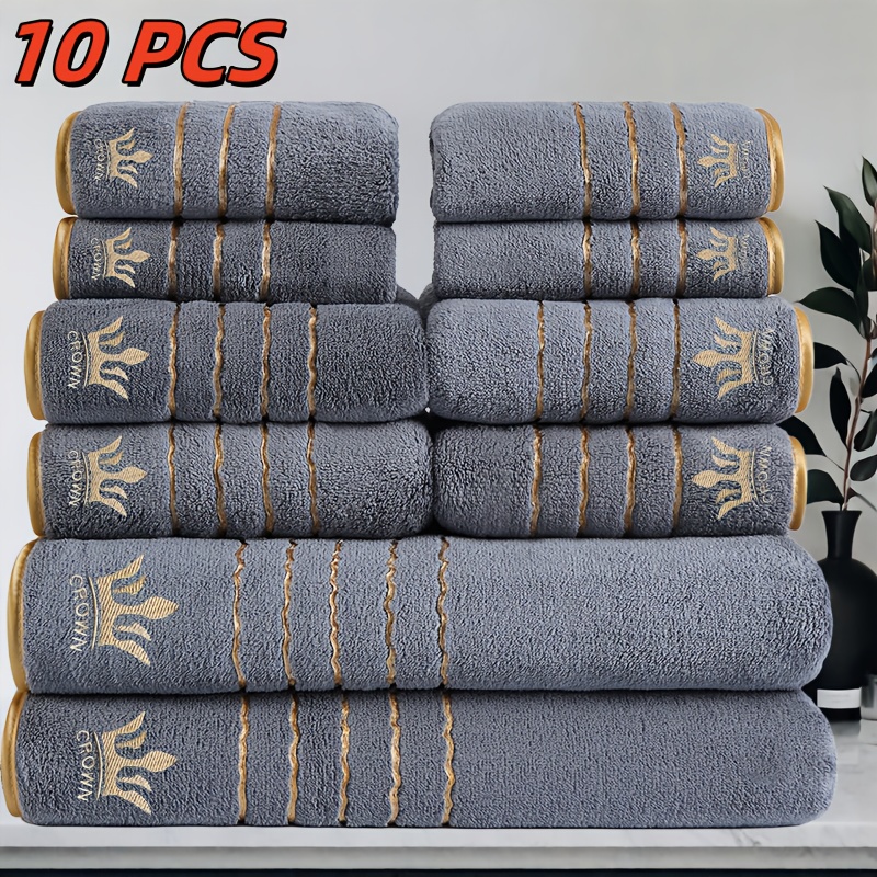 10pcs Luxury Bath Towel Set with Golden Crown & Stripe Design - Extra Large 70x140cm/27.5x55in, Large 42x70cm/16.5x27.5in, Small 35x35cm/13.7in - Plush Microfiber Spa Towels in Elegant Dark Brown & Golden for Bathroom, Gym, Hotel, Spa - Ideal Gift Set with Black & Golden Trim, Ultra-Soft & Durable, Perfect for Home or Travel, Includes Bath, Hand, and Face Towels, Towels Bath Towels, Bathroom Towels