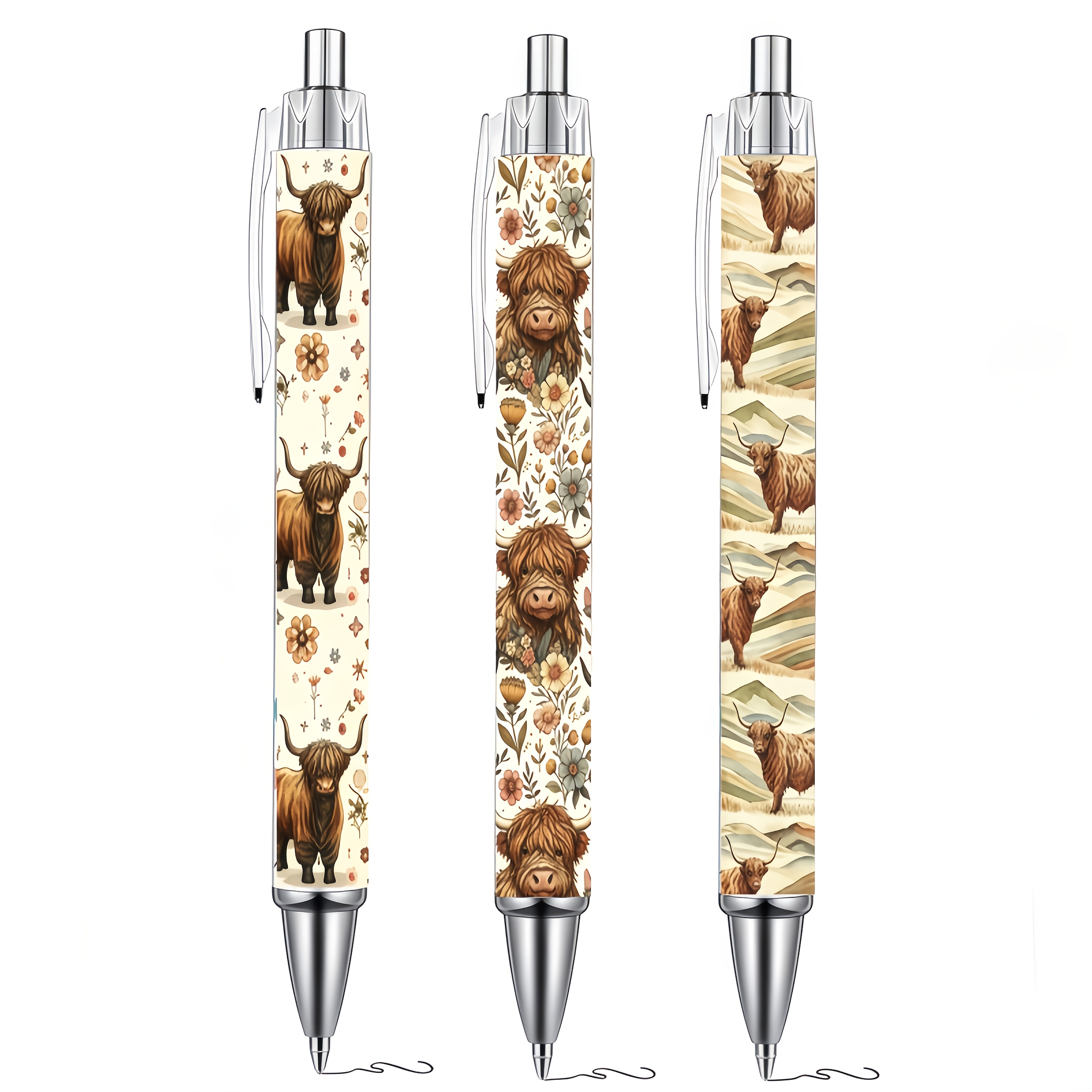 TEMU 3 stuks Retro Highland Koeien -Tinten Klik Pennen, Amerikaanse Landelijke Boerderij Stijl Gedrukte Neutrale Pennen, -Tinten Waterverf Prints met