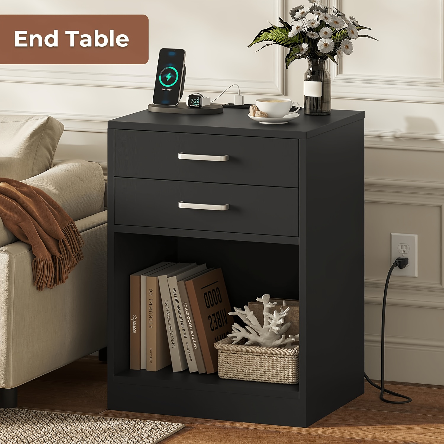 Nightstands Set Of 2, White Night Stand With Charging Station & Drawers, Night Stands For Bedroomsy For Hallway & Living Room