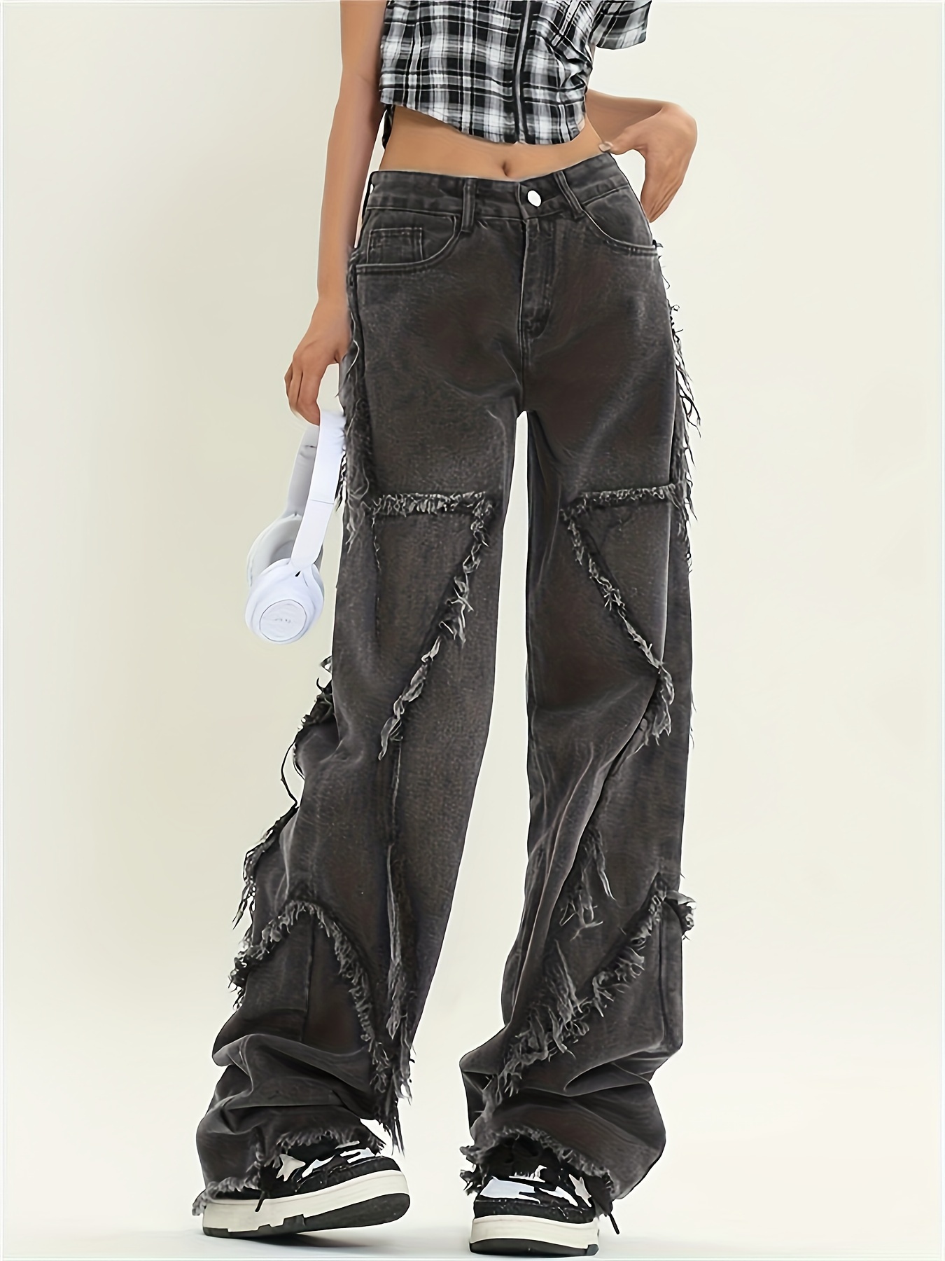 black hem washed jeans loose boyfriend style casual wide - Temu
