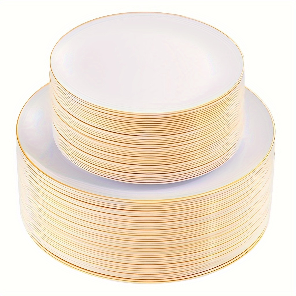 

200 Pcs Gold Plastic Plates - White Disposable Plates With Gold Rim For Party/wedding - Pieces 10.25 Inch Gold Dinner Plates And Pieces 7.5 Inch Gold Dessert/salad Plates (white And Gold/white)