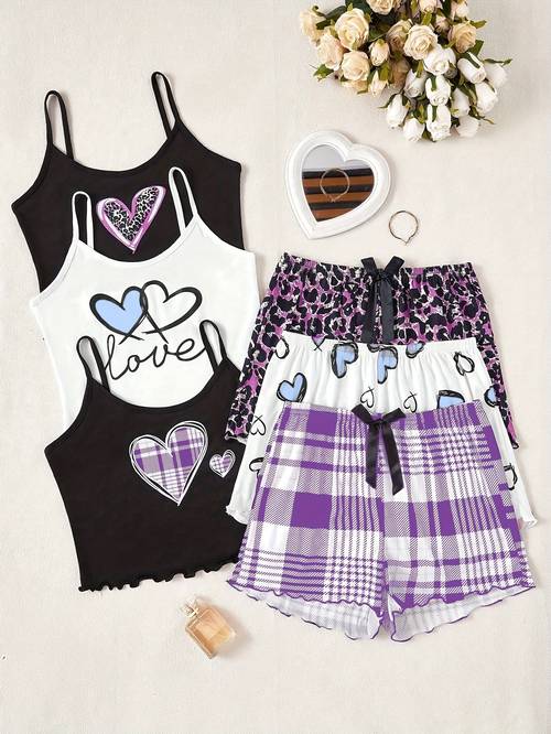 3pcs womens heart print pajama set black white cami top with blue hearts black white floral print skirt and shorts casual sleepwear with ruffle detail cozy sleepwear design ruffle detailing heart print pajamas