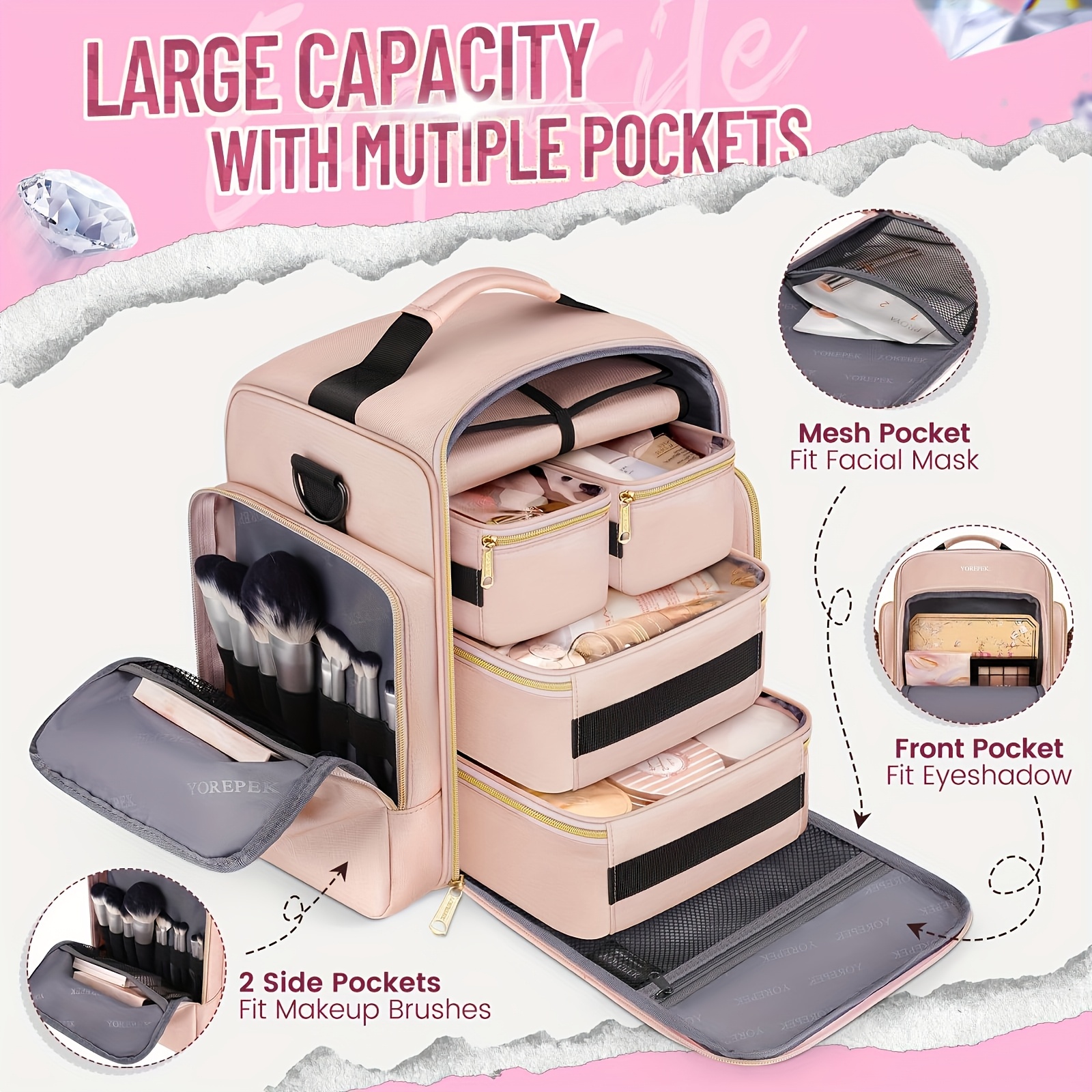 large travel makeup bag organizer removable cases Temu