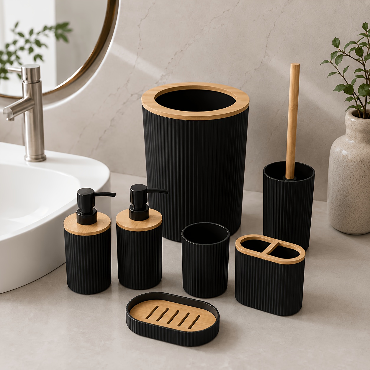 TEMU Ensemble d'accessoires de salle de bain 7 pièces avec poubelle, brosse de toilette, porte-brosse à dents, 2 distributeurs de savon et