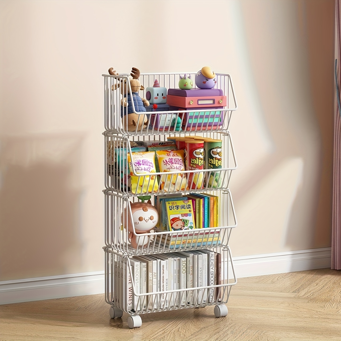 Image of 4/5-tier Kitchen Trolley With Castors, Mobile Kitchen Storage Basket, Metal Construction, And Durable, Fitted With Wheels For Flexible Movement, Versatile Storage Solution.