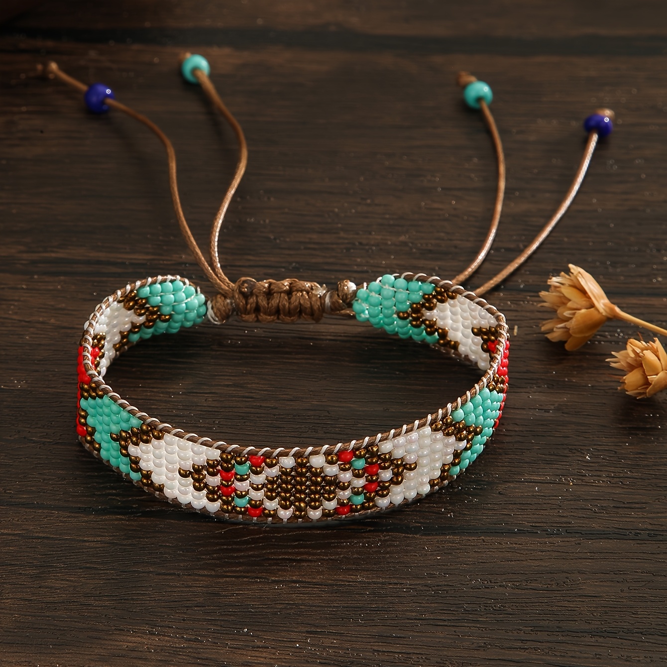 TEMU 1pc Of Unisex Fashion Bracelet, Bohemian Style, Vintage Geometric Gradient Colors In White, Black, Red, Green, And Orange. Handmade Woven Bead