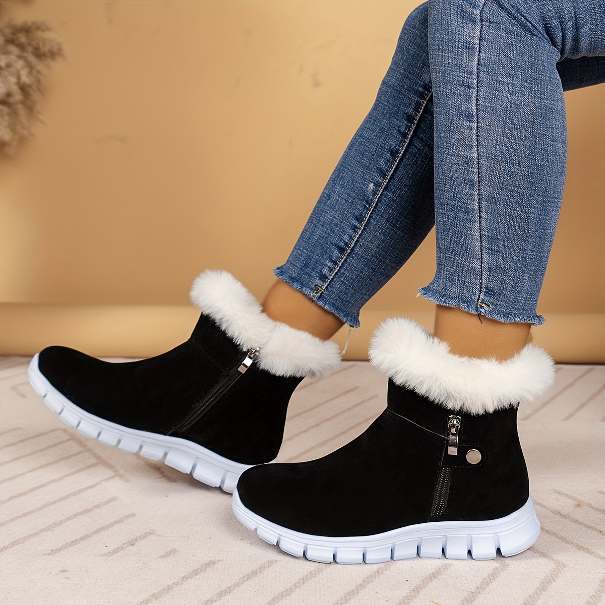 

Women's Ankle Booties With Faux Fur , Solid Color Fabric Upper, Round Toe, Zip Closure, Platform Heel, Pu Sole, Fabric Insole - Casual Non-slip Warm Boots