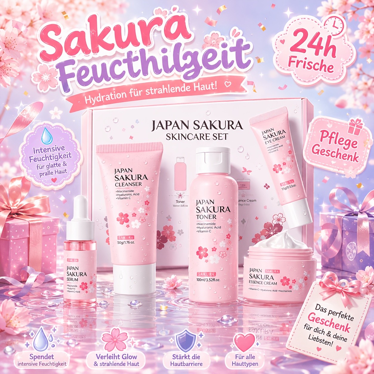 Image of Laikou Sakura Gift Box 5pcs Skincare Set, Niacinamide For Brightening Anti-decay, Serum, Moisture Face Cream, Eye Cream, Toner, Facial Wash, Birthday And Christmas Party Gifts