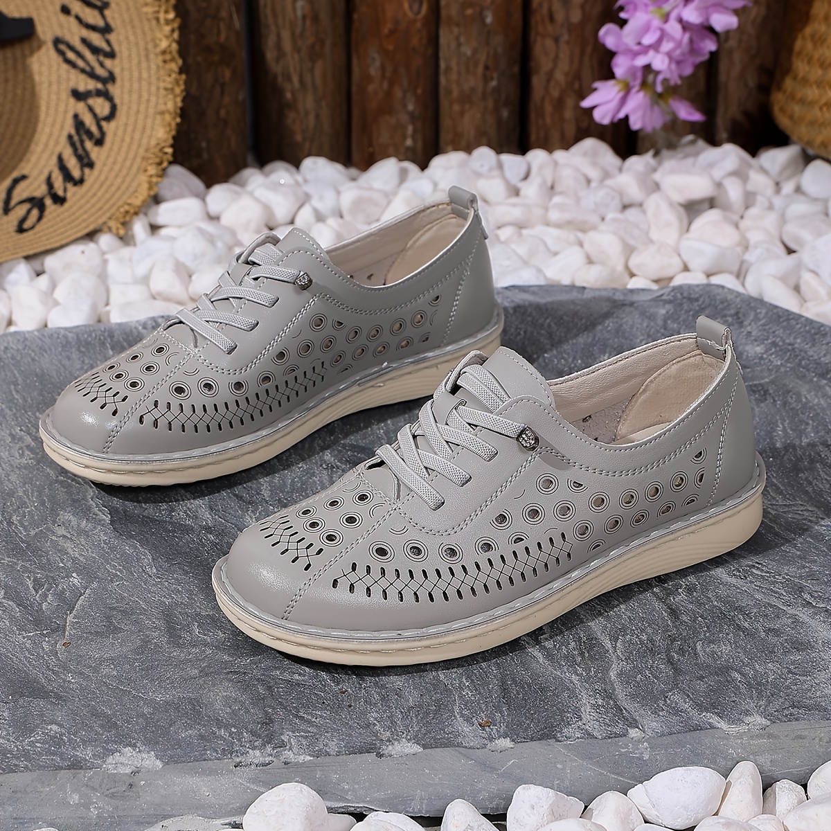 Women's Slip-On Loafers, Hollow-Out Design, Solid Color