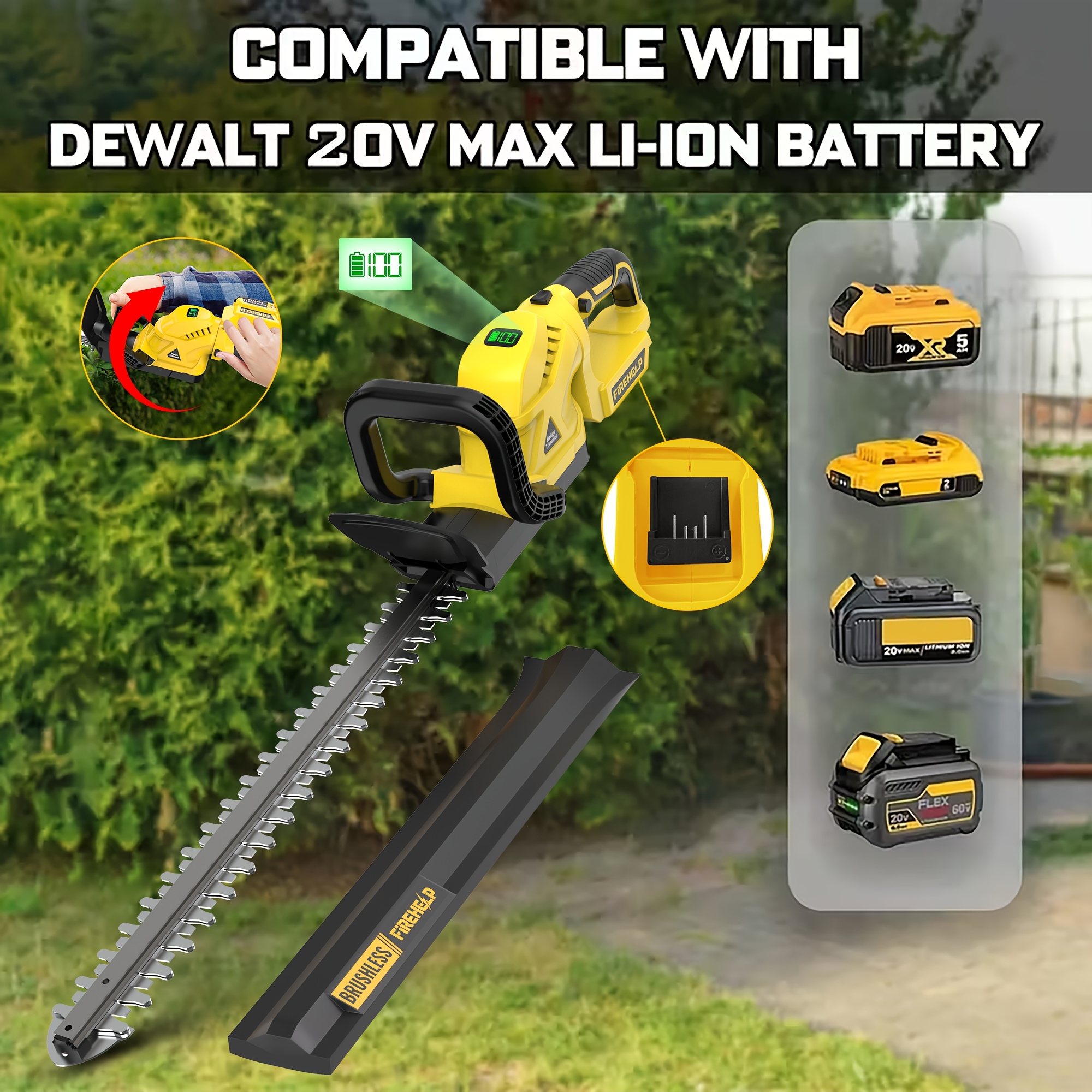 22.4" Hedge Trimmer Cordless For 20v , Brushless , 4500 Rpm Cutting Speed, Lightweight, 2/3" Cut Capacity, 180° Rotating Handle, No Battery, Perfect Labor Day Gift For Gardeners & Men