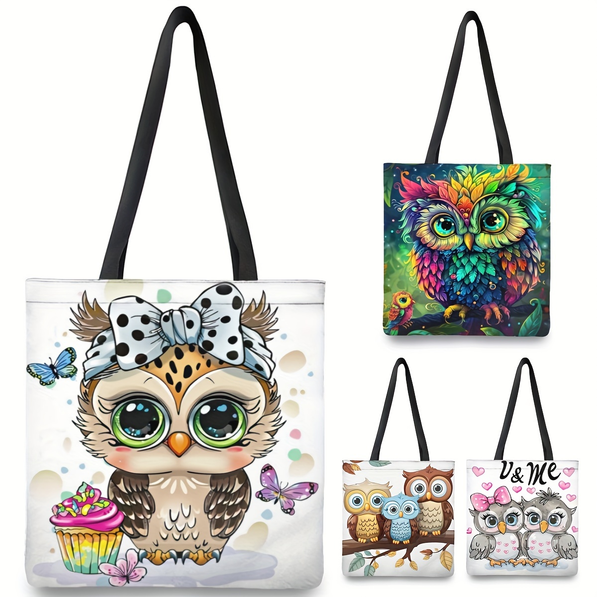 

1pc Owl-themed Tote Bag - Polyester, Design With Fixed Shoulder Straps, , Large 15.74x13.74in - Shopping & School Use