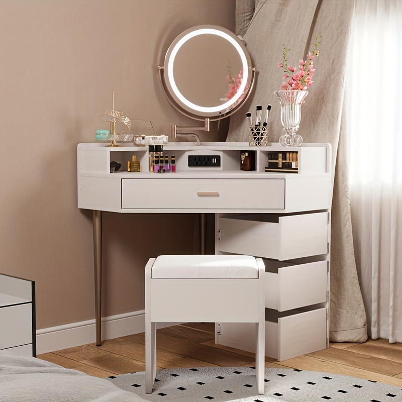 

Corner Vanity Desk With Lights, Makeup Vanity With Storage Shelf & 3 Drawers, Cabinet And Cushioned Stool, Modern Bedroom Makeup Table