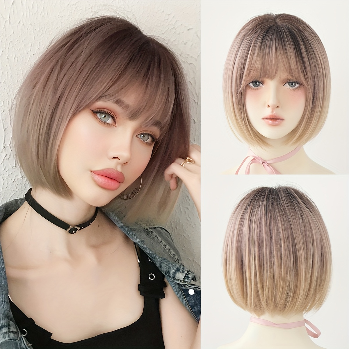 E-shop Routine Perücken Kurze Glatte Roségoldene Perücken mit Dunklen Wurzeln Hochdichte Flauschige Bob-Perücken für Damen für den täglichen