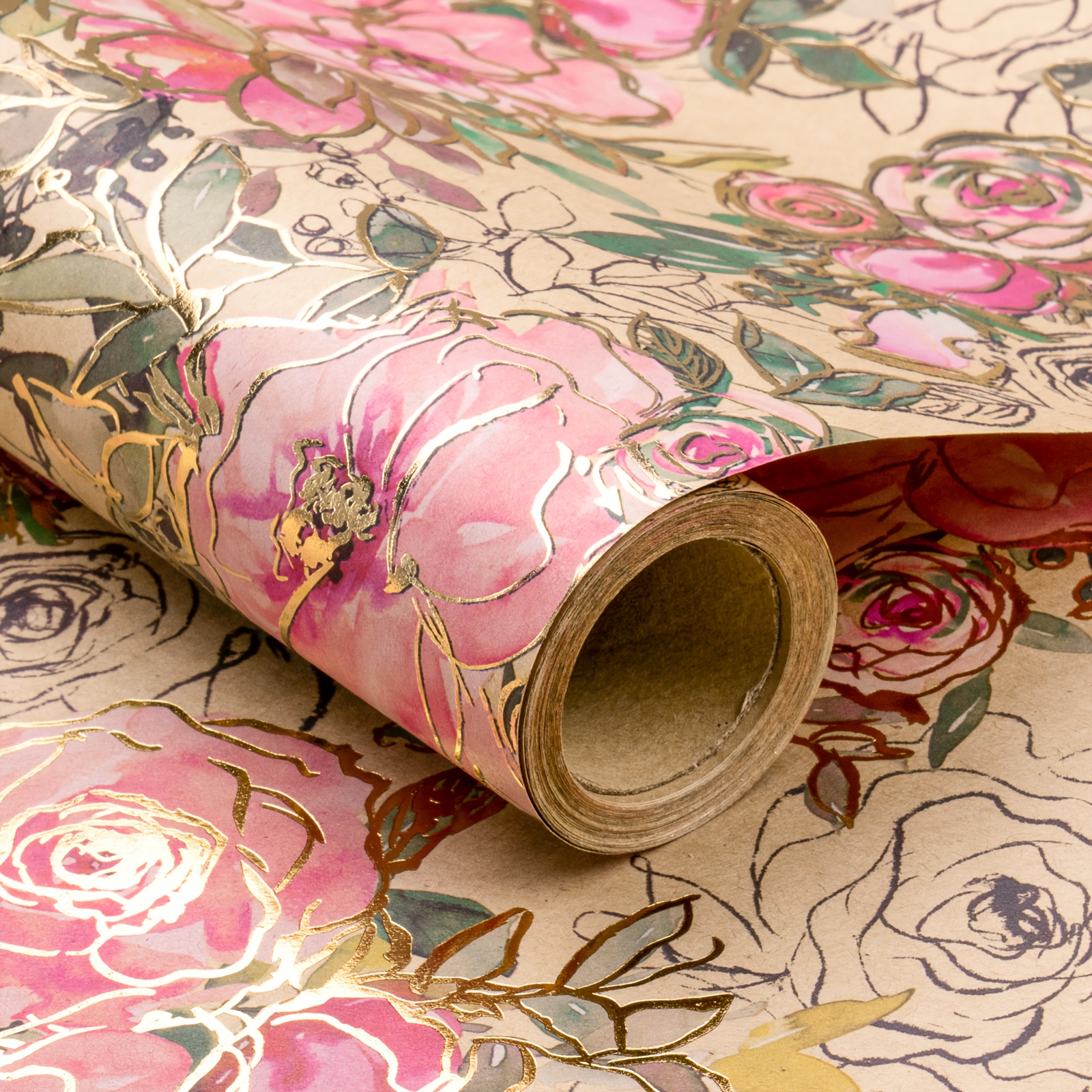 E-shop 1 Rolle Geschenkpapier - Elegantes Blumenmuster (Rosen, Pfingstrosen) mit goldenen Folienakzenten - Vintage Hochzeit, Geburtstag,