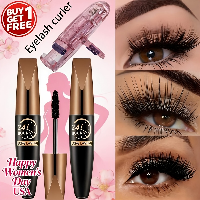 2pcs Waterproof Black Fiber Mascara with Eyelash Curler, Long-Wearing, Volumizing, No Clump, Smooth Application