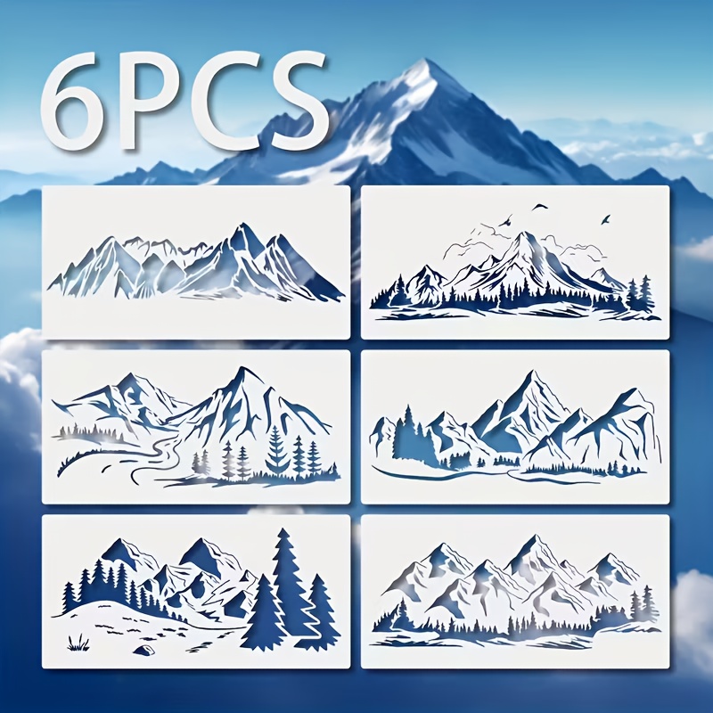 TEMU 6 pièces Pochoir Montagne 5,91x11,81 Pouces - Modèles Réutilisables en PET avec Enneigés, et - Idéal pour Art Mural, Scrapbooking, Création de